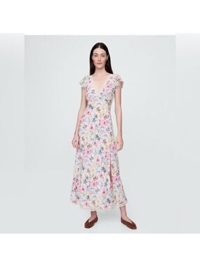 Gap Floral Crepe Lace Trim Neckline Babydoll Y2K Maxi Dress Wedding Guest L Tall